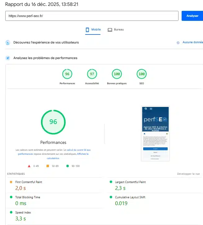 L'analyse Core Web Vitals avec Page Speed Insights de note site www.perfSEO.fr