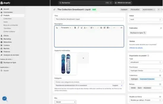 Interface d'optimisation SEO d'une fiche produit shopify